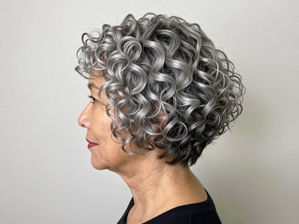 Inverted curly bob with dramatic stacking in back