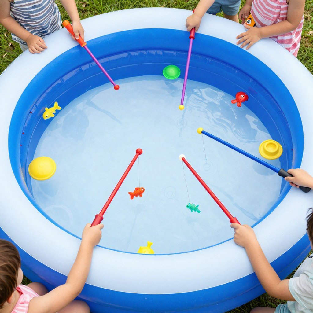 Kiddie pool fishing game setup for water party activities