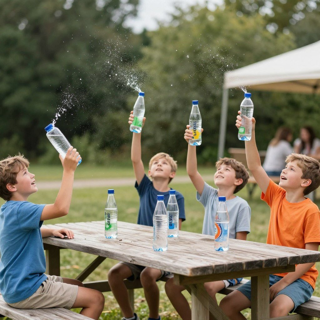 Kids competing in water bottle flip challenge at party