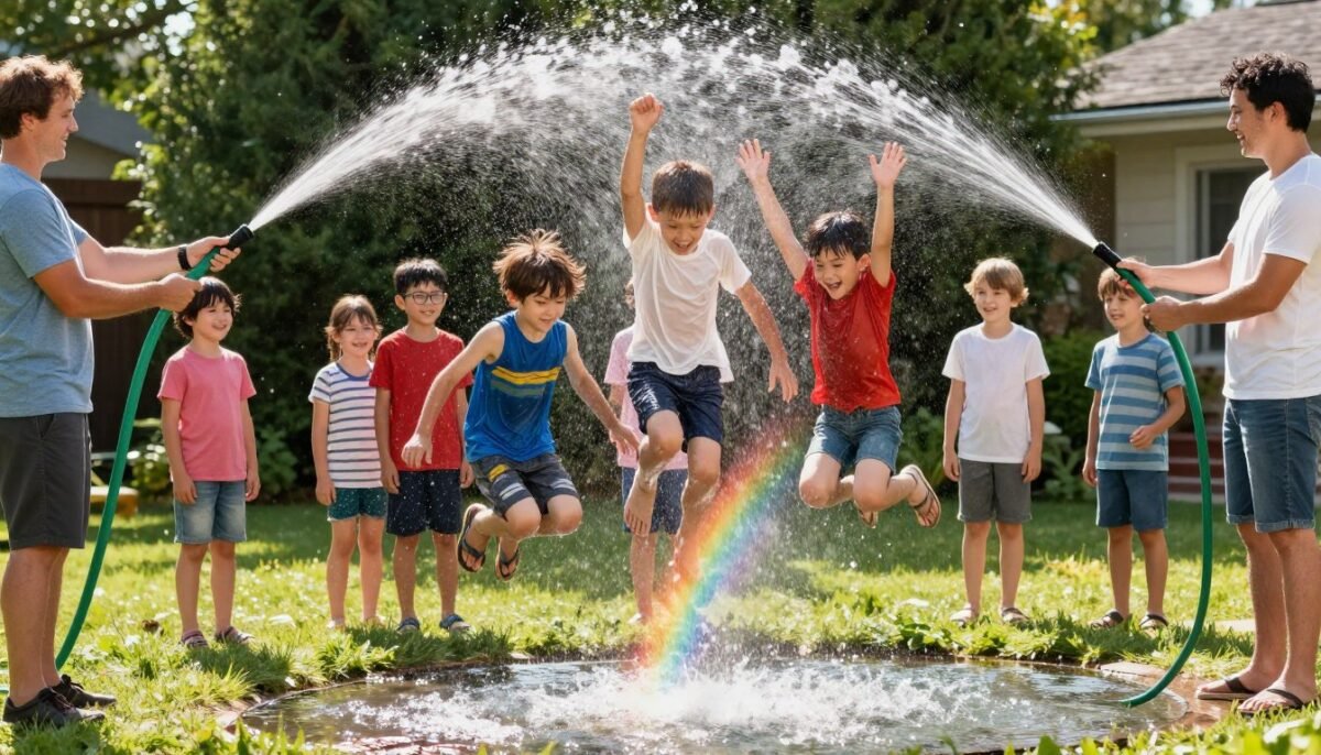 Kids jumping over garden hose water stream like jump rope