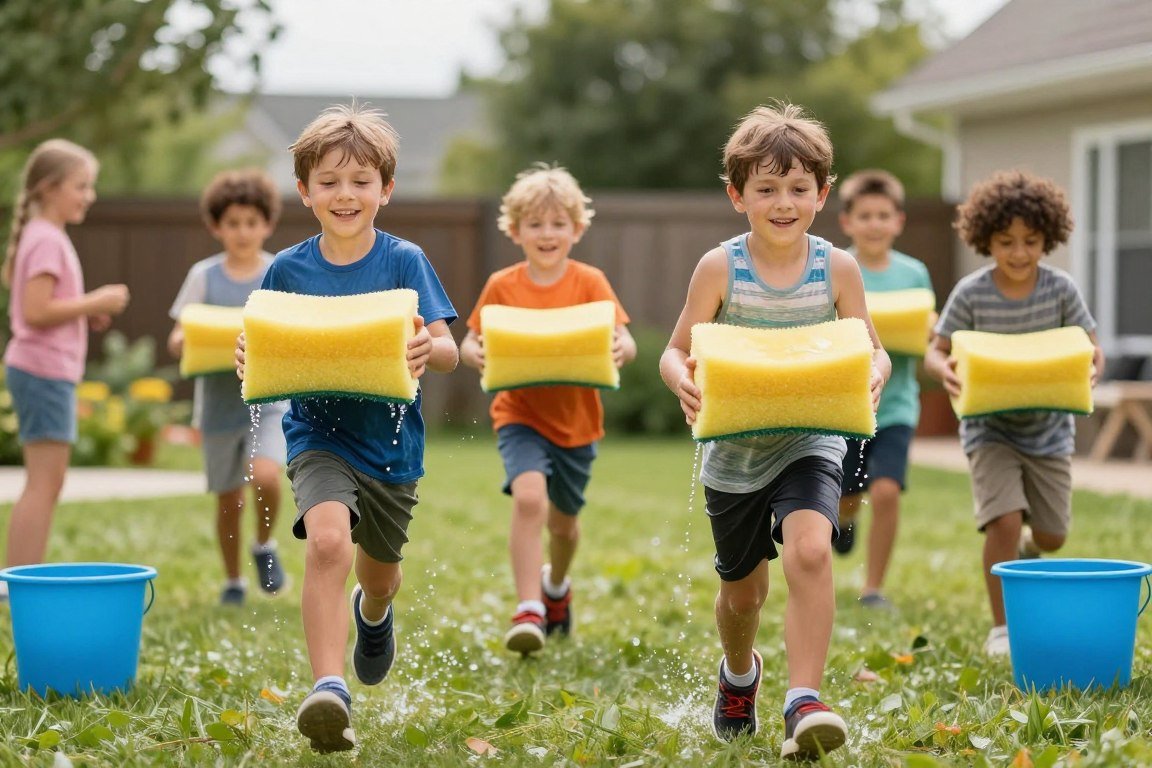 Kids participating in sponge water relay race game with buckets