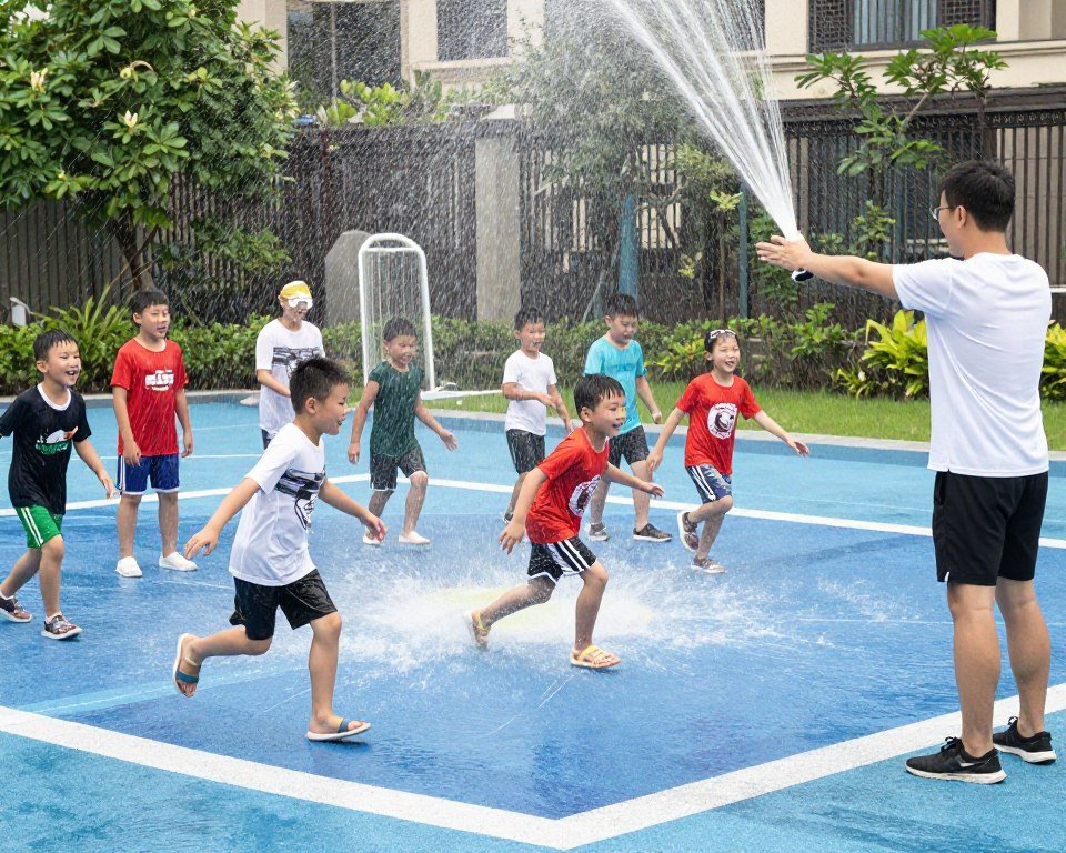 Kids playing Simon Says with water splash zone penalties