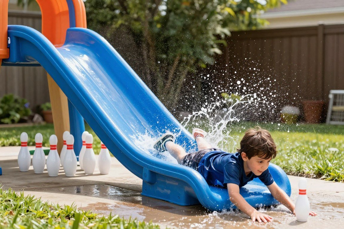 Kids playing slip and slide bowling water game in backyard