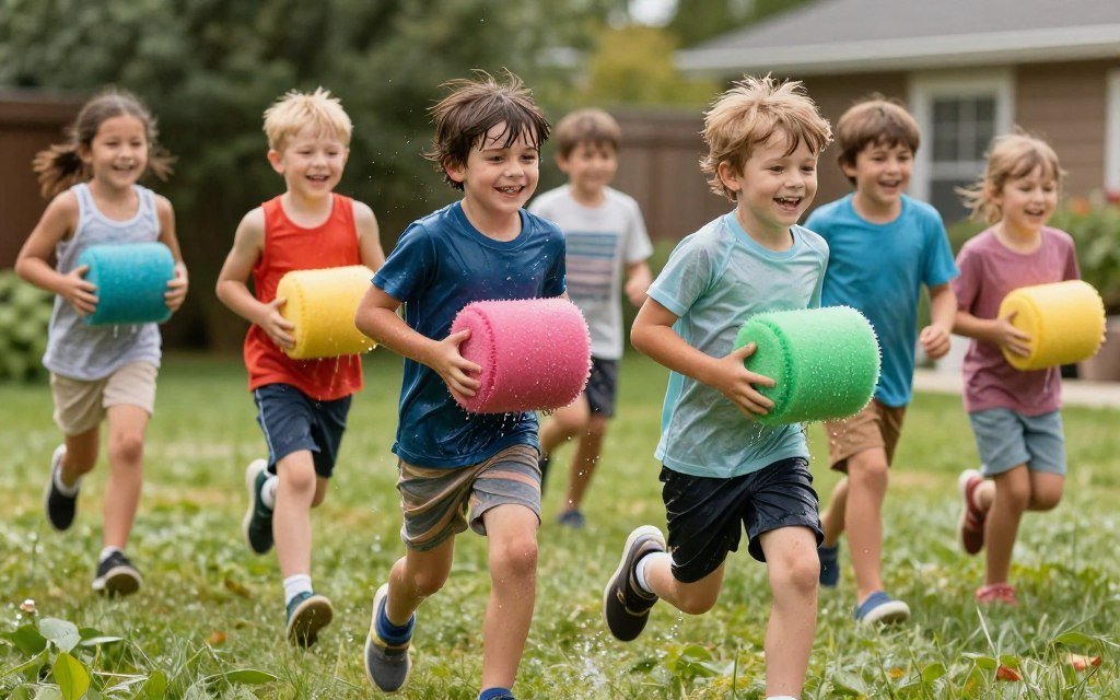 Kids playing sponge tag water game in backyard