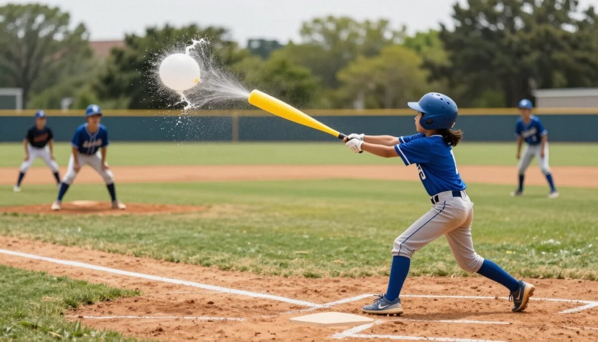 Kids playing water balloon baseball in backyard diamond setup