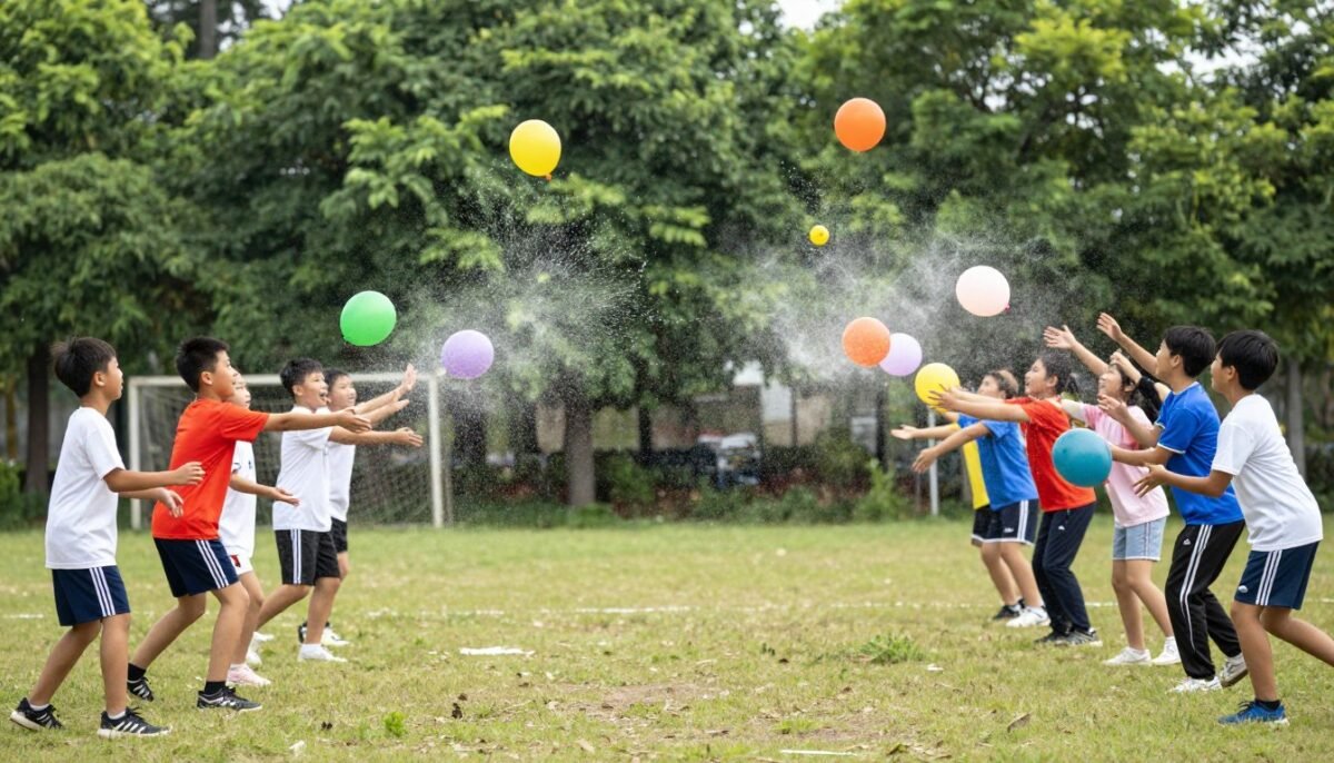 Kids playing water balloon dodgeball in backyard teams