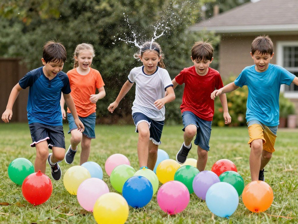 Kids playing water balloon stomp battle game at party