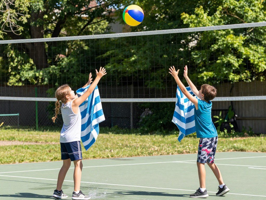 Kids playing water balloon volleyball with beach towels