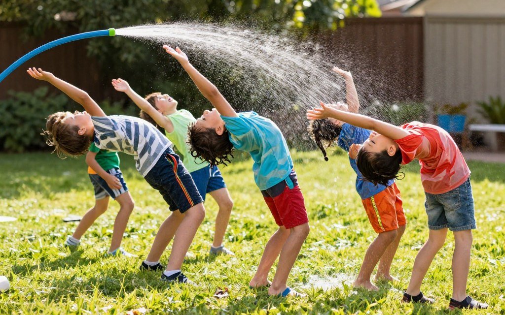 Kids playing water limbo game bending under hose stream