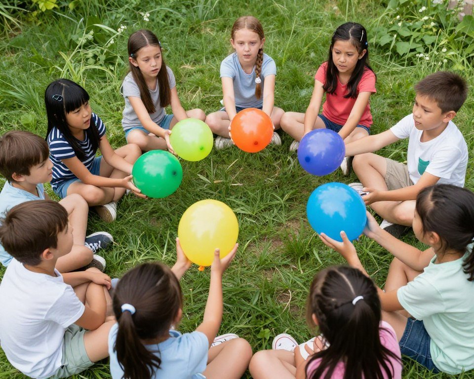 Kids sitting in circle playing water balloon hot potato game