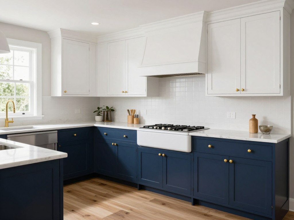 Kitchen featuring navy blue lower cabinets paired with white upper cabinets