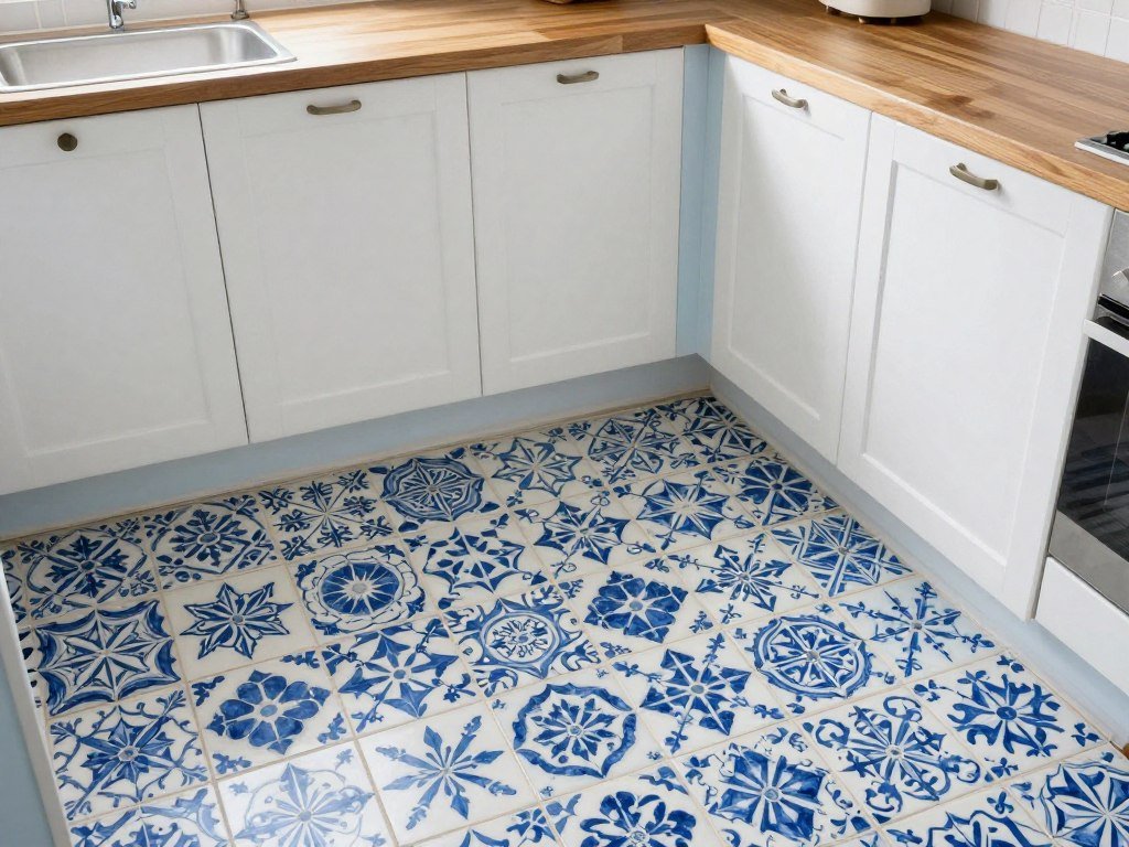 Kitchen floor featuring intricate blue and white patterned tiles