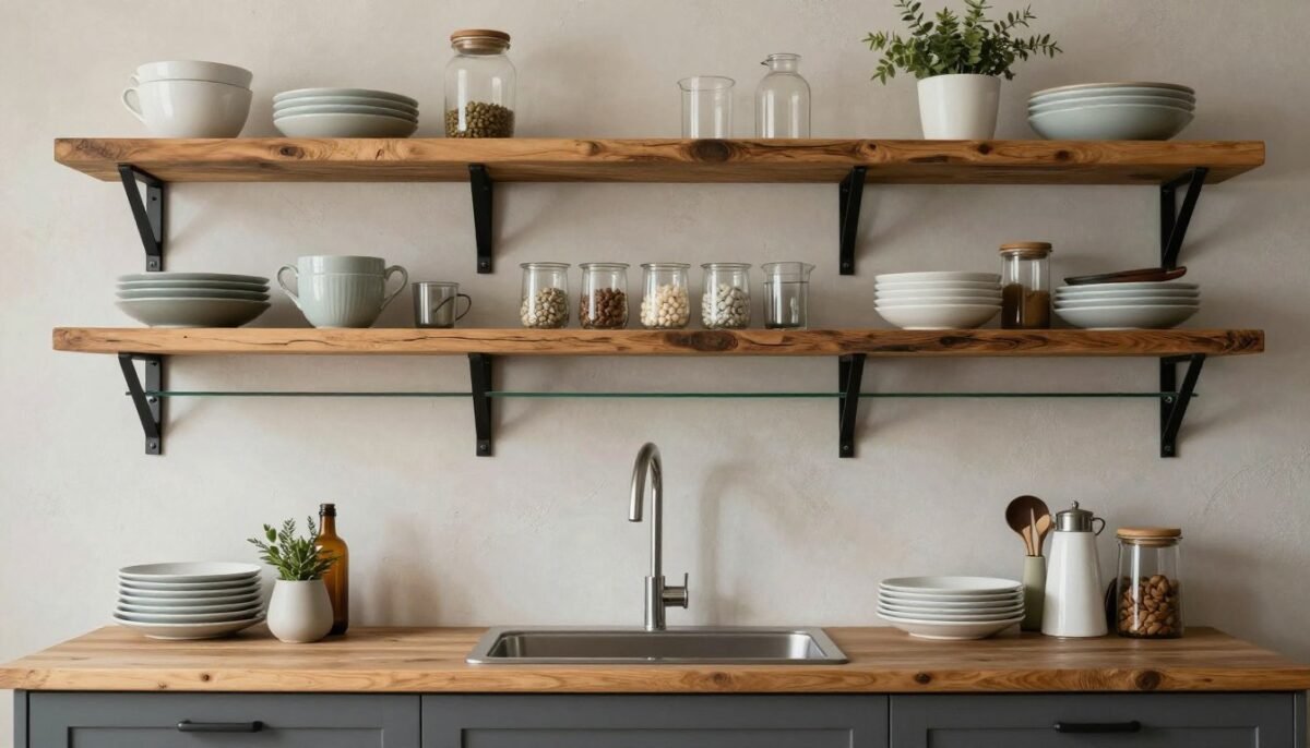 Kitchen shelves combining wood, metal, and glass materials for eclectic design