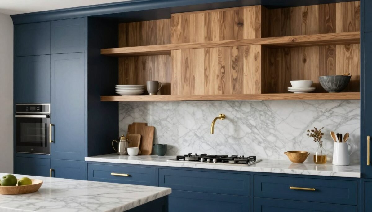 Kitchen showing blue cabinets with wood, metal, and stone materials Kitchen showing blue cabinets with wood, metal, and stone materials