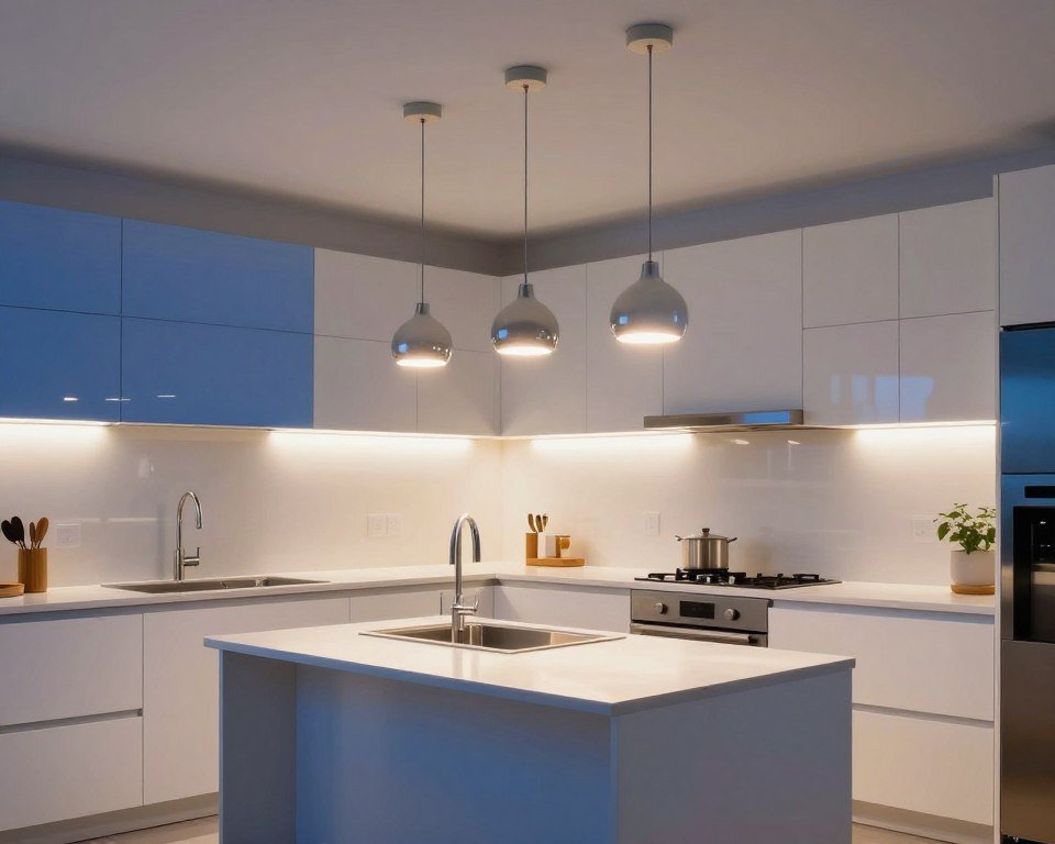 Kitchen showing layered lighting with pendant, recessed, and under-cabinet lights