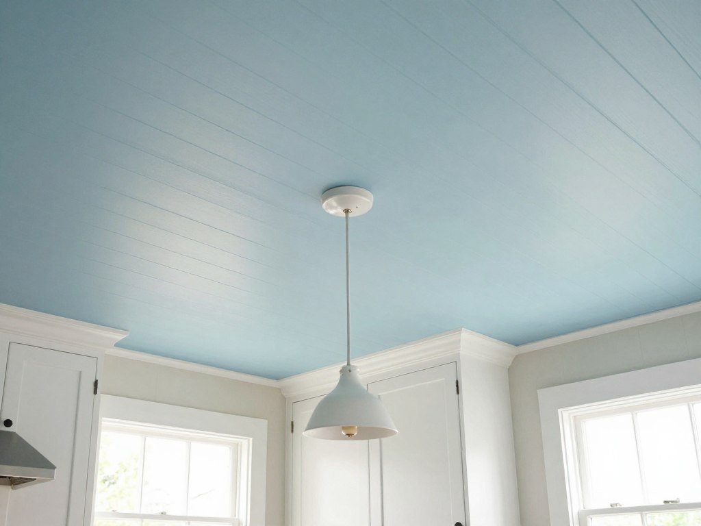 Kitchen with blue painted beadboard ceiling