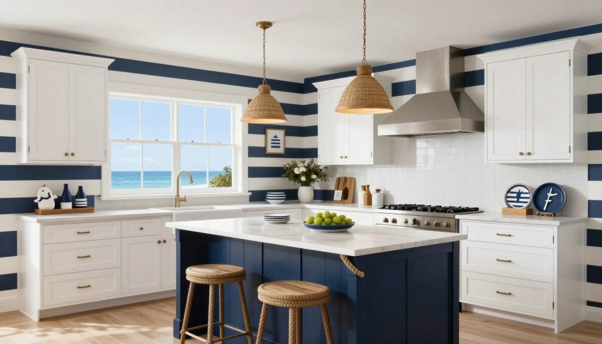 Kitchen with navy and white striped elements creating nautical theme Kitchen with navy and white striped elements creating nautical theme