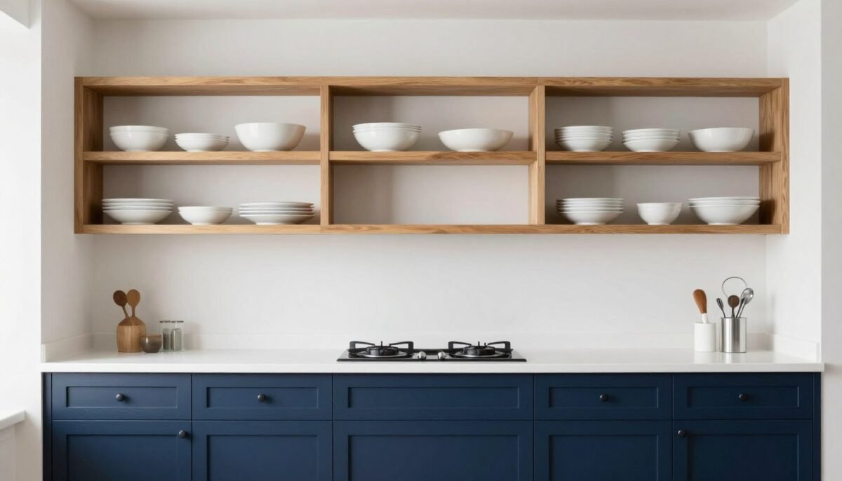 Kitchen with open upper shelving and closed lower cabinets in two-tone design