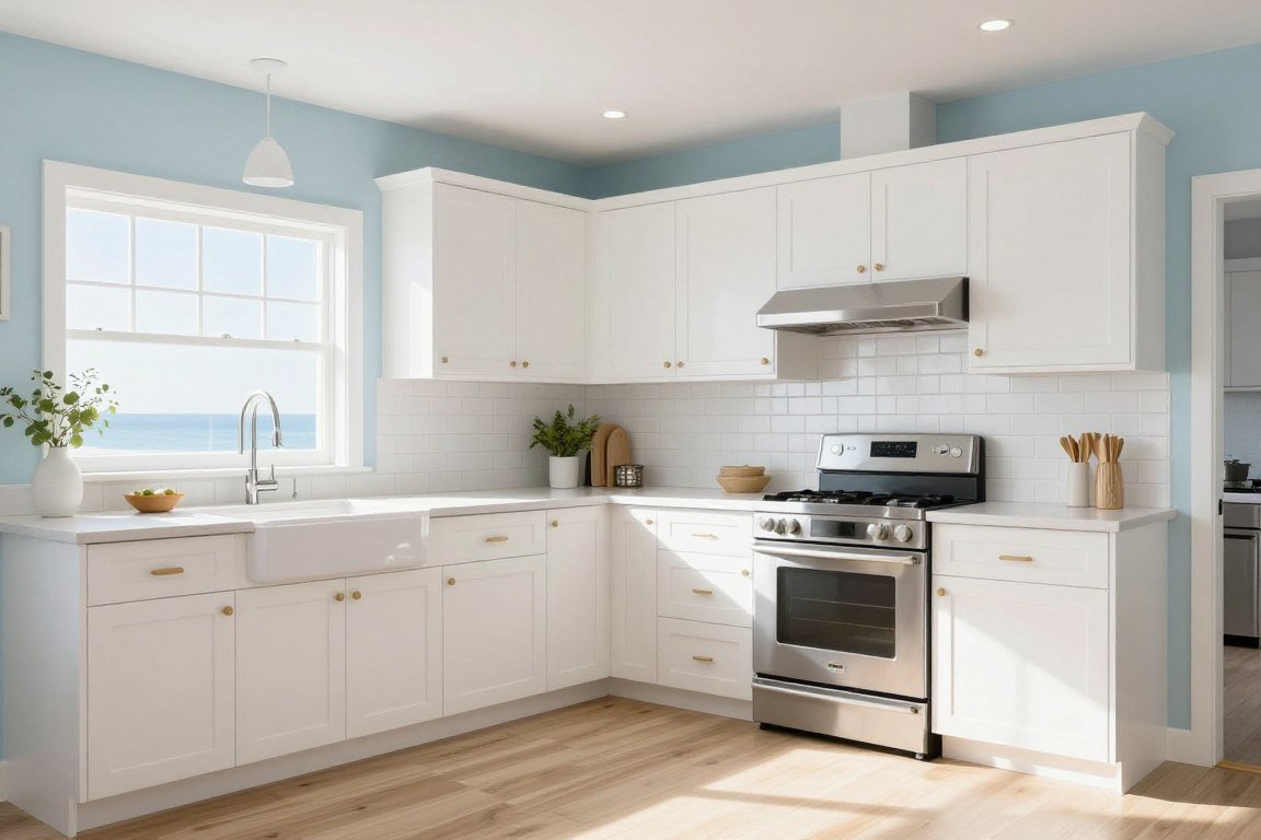 Kitchen with soft pale blue walls and white cabinets throughout