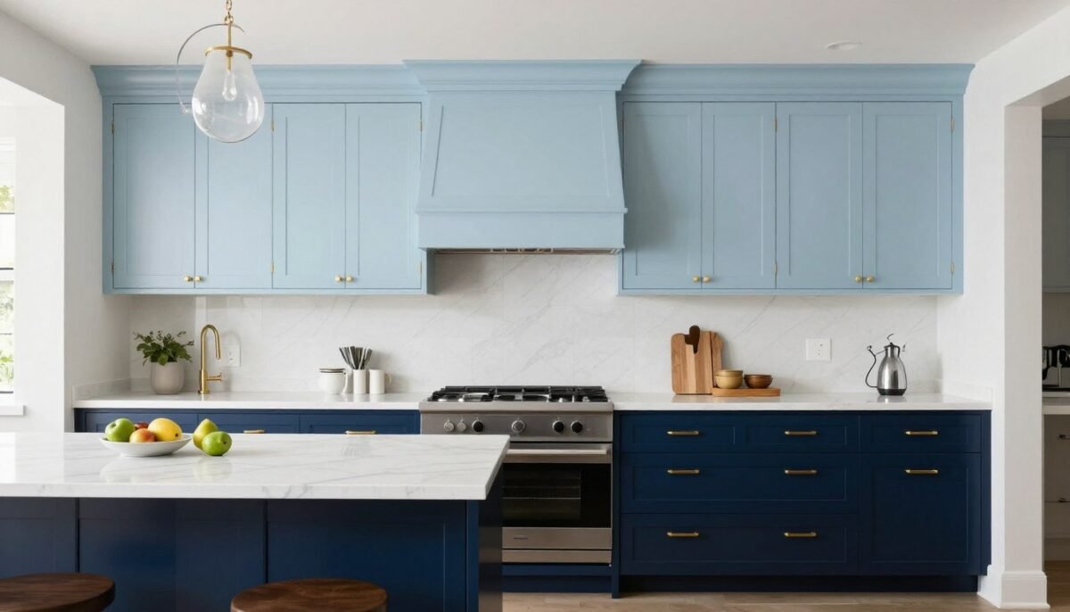 Kitchen with two different shades of blue cabinets creating depth Kitchen with two different shades of blue cabinets creating depth