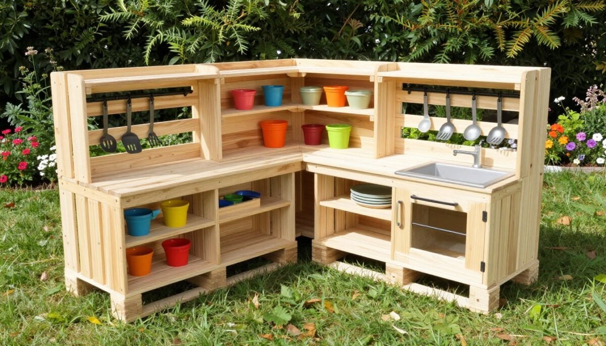 L-shaped mud kitchen made from two pallets with expanded play area for multiple kids