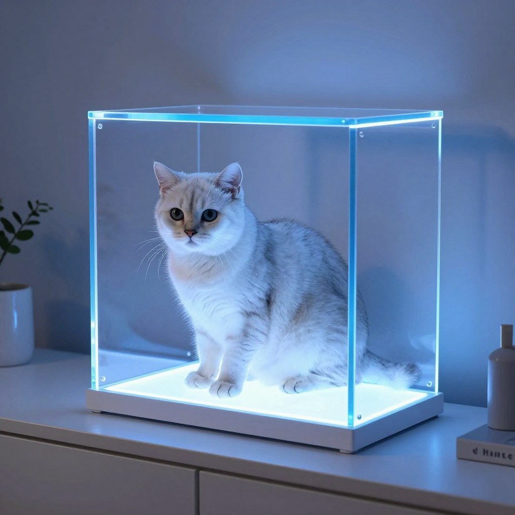 LED-lit acrylic cat shelf glowing