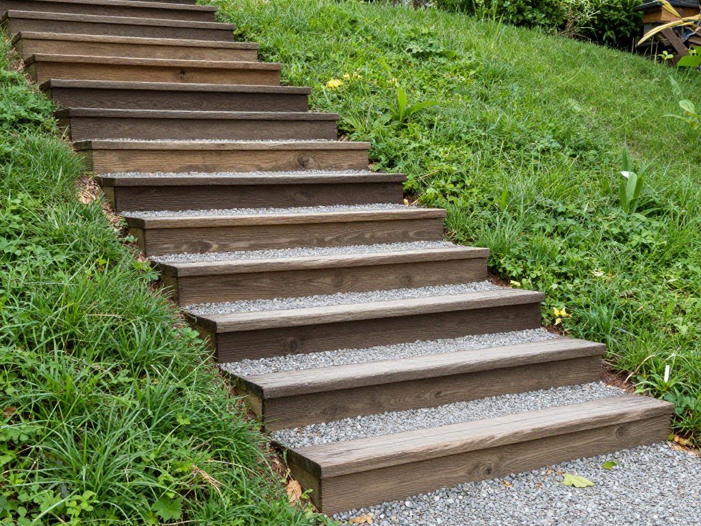 Landscape timber steps on garden slope