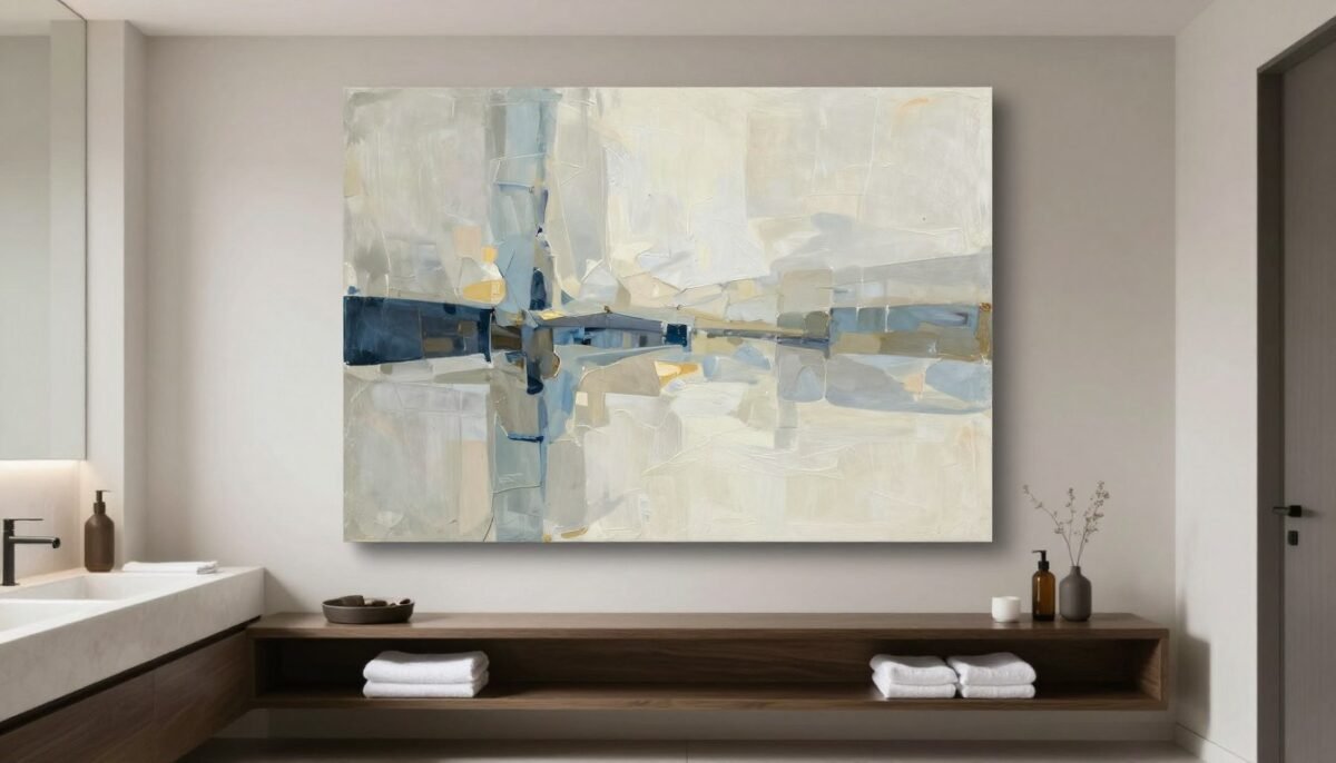 Large abstract canvas art in contemporary bathroom