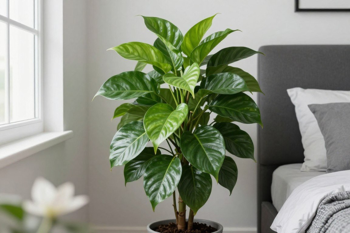 Large mature pothos plant improving indoor air quality in modern bedroom