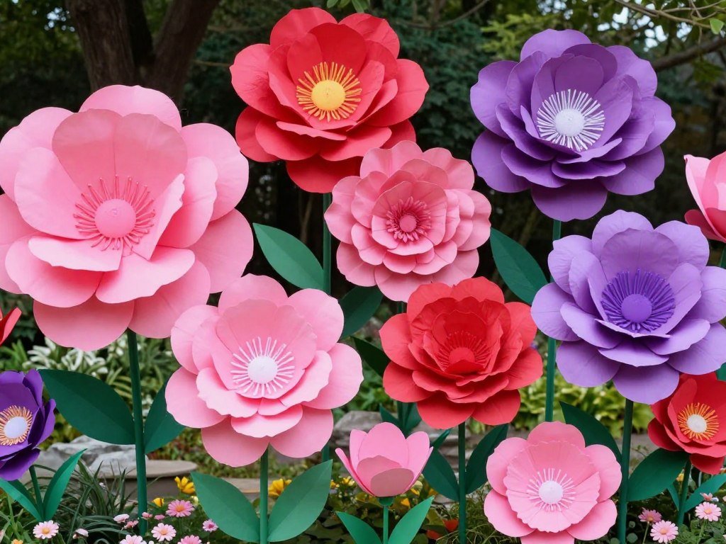 Large paper flowers in bright colors for wonderland garden decoration