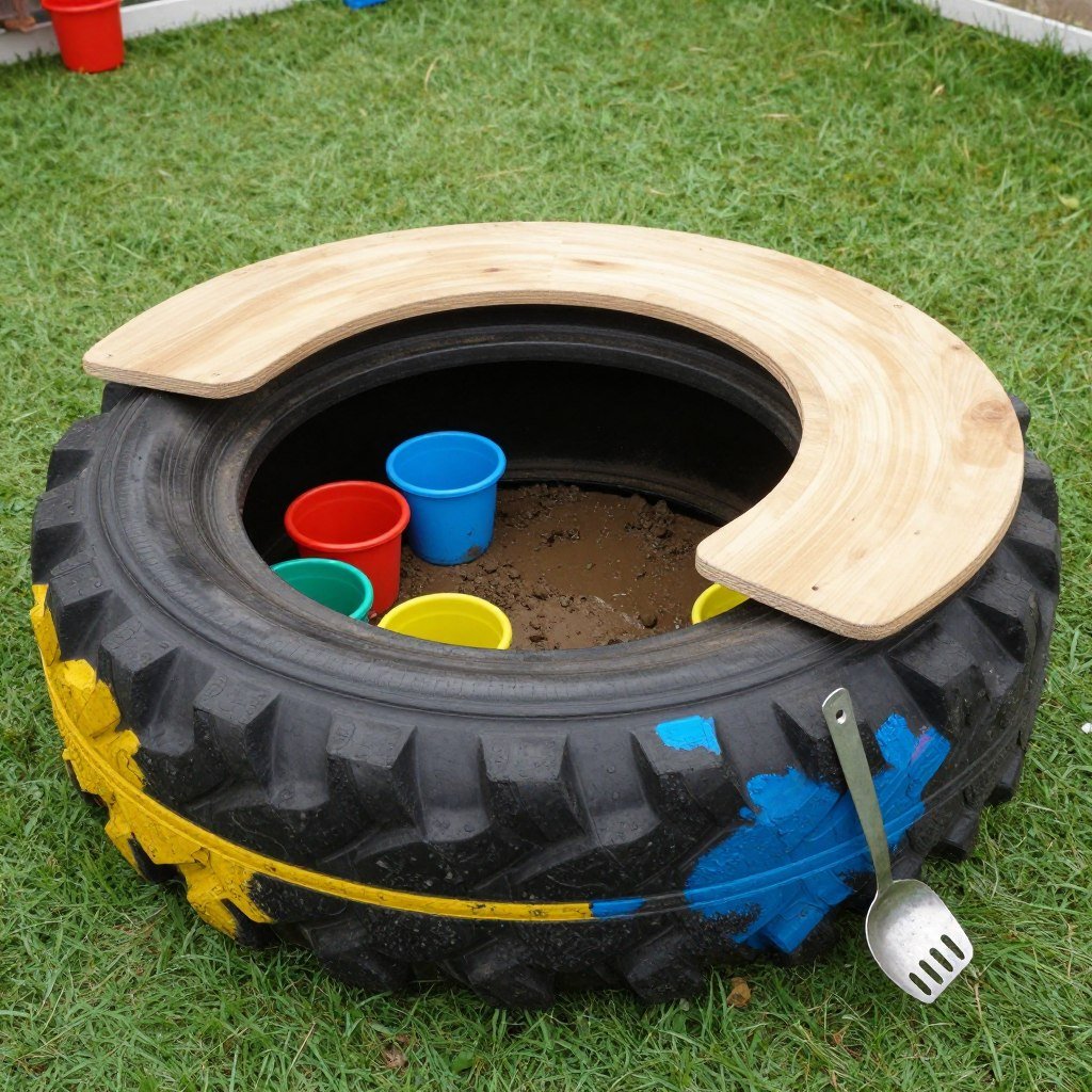 Large recycled tire used as base for creative circular mud kitchen design