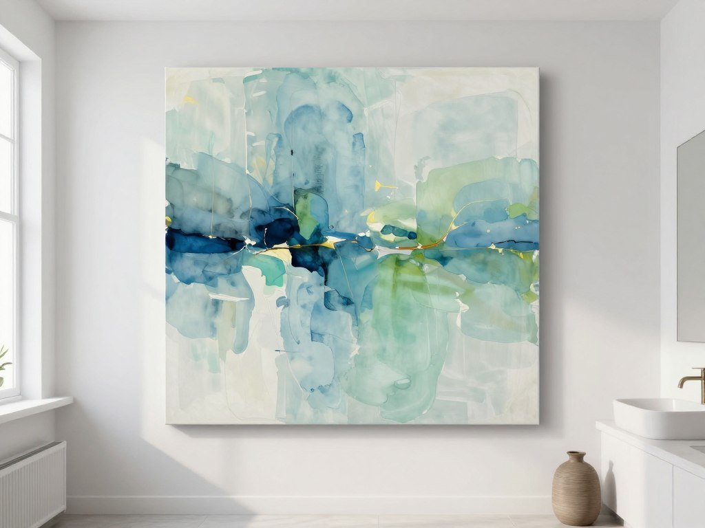 Large watercolor abstract art in serene bathroom