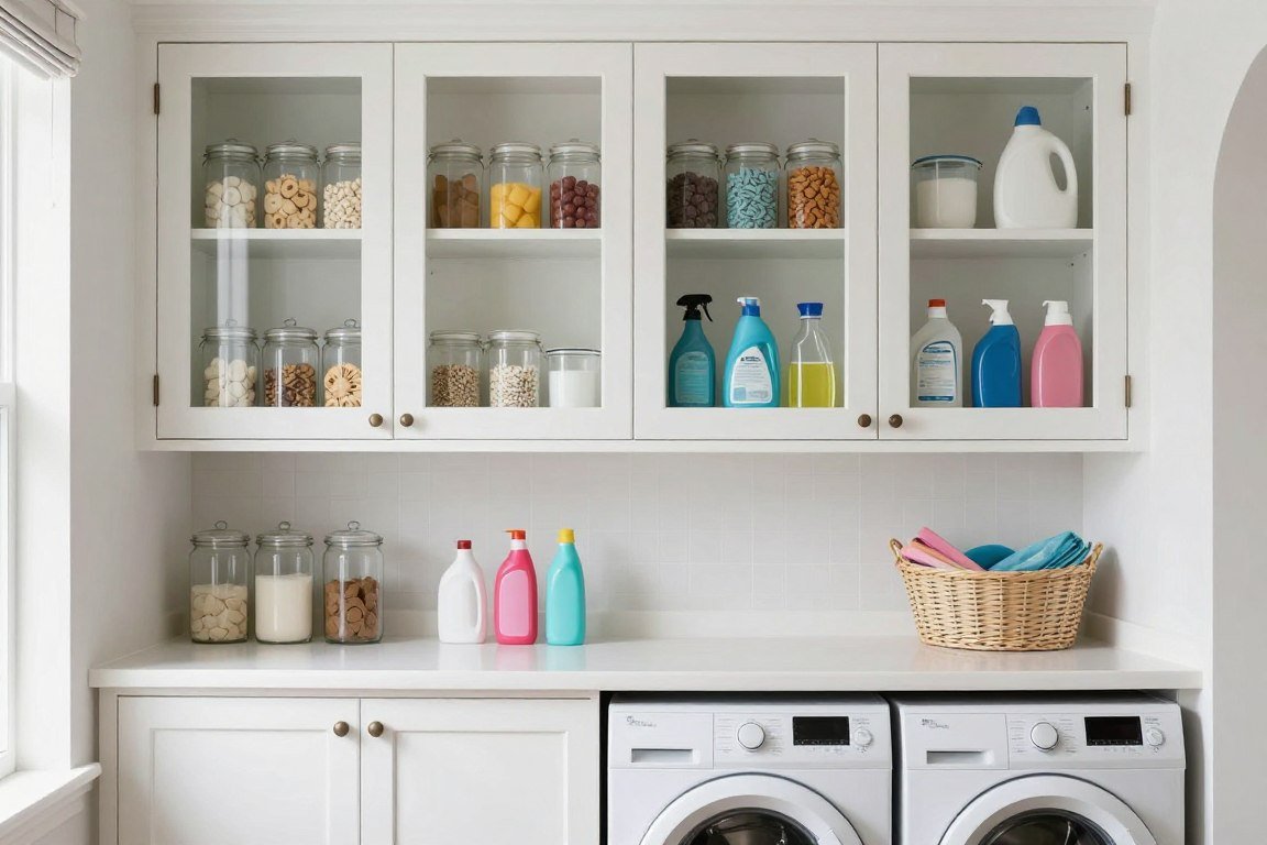 Laundry room cabinets with glass front doors displaying organized supplies