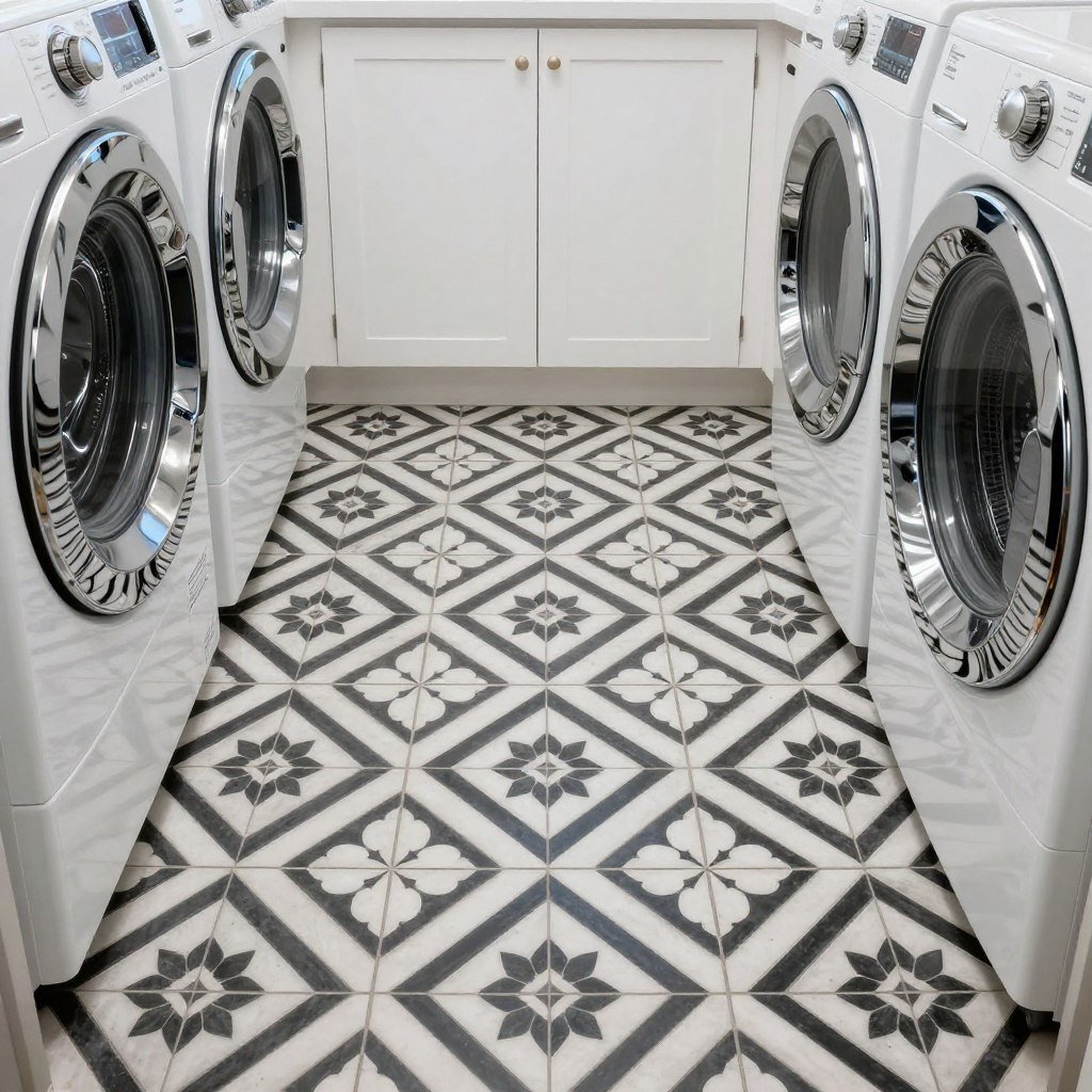 Laundry room floor featuring bold geometric pattern tiles