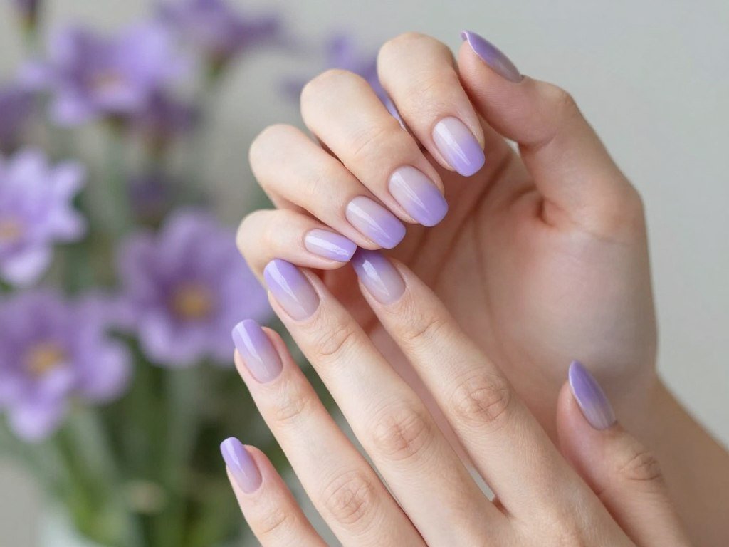 Lavender french tip nails on elegant hands