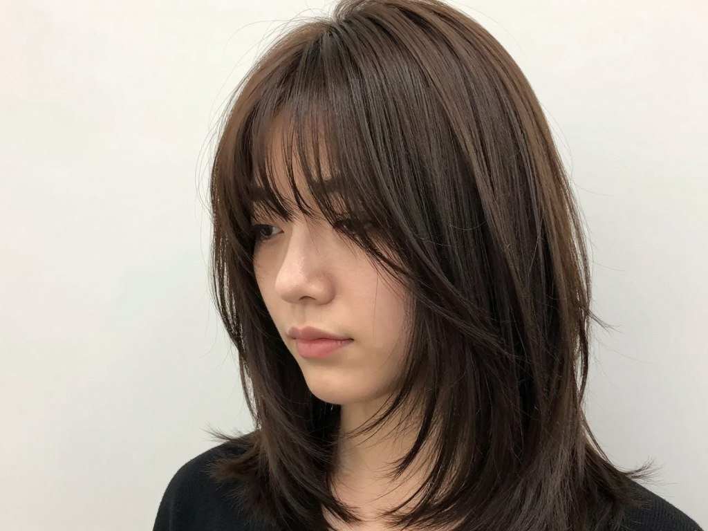 Layered bangs reducing bulk in thick hair