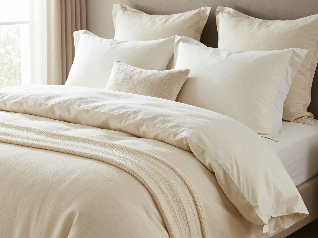 Layered cream bedding with multiple textures and throw pillows