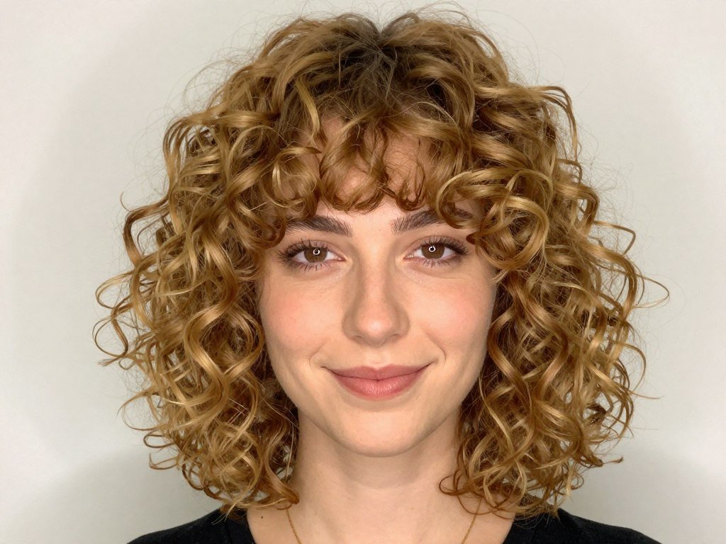 Layered curly bob featuring curly bangs