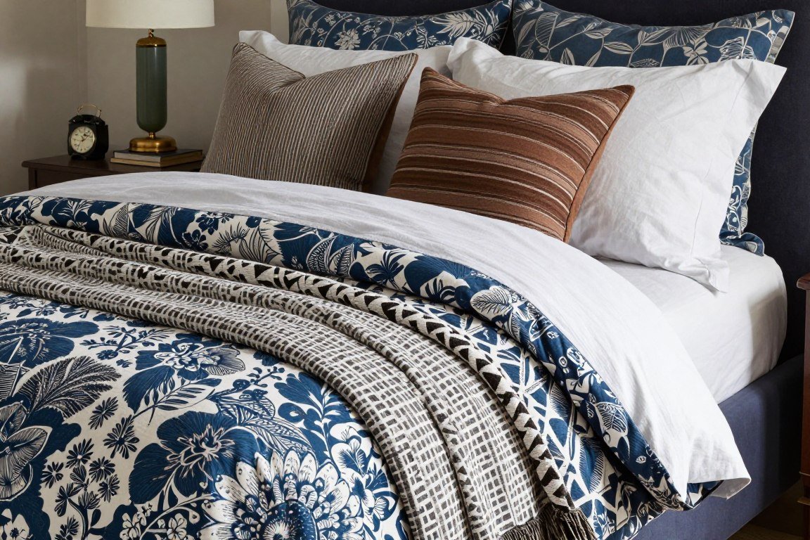 Layered maximalist patterns in blue and brown