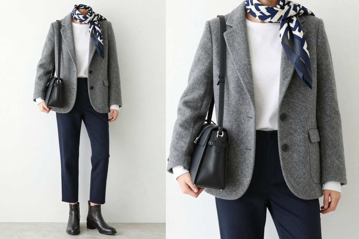 Layered transitional outfit with blazer and versatile pieces