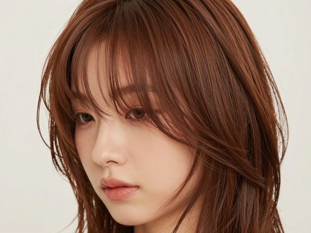 Layered wispy bangs blending into medium length hair