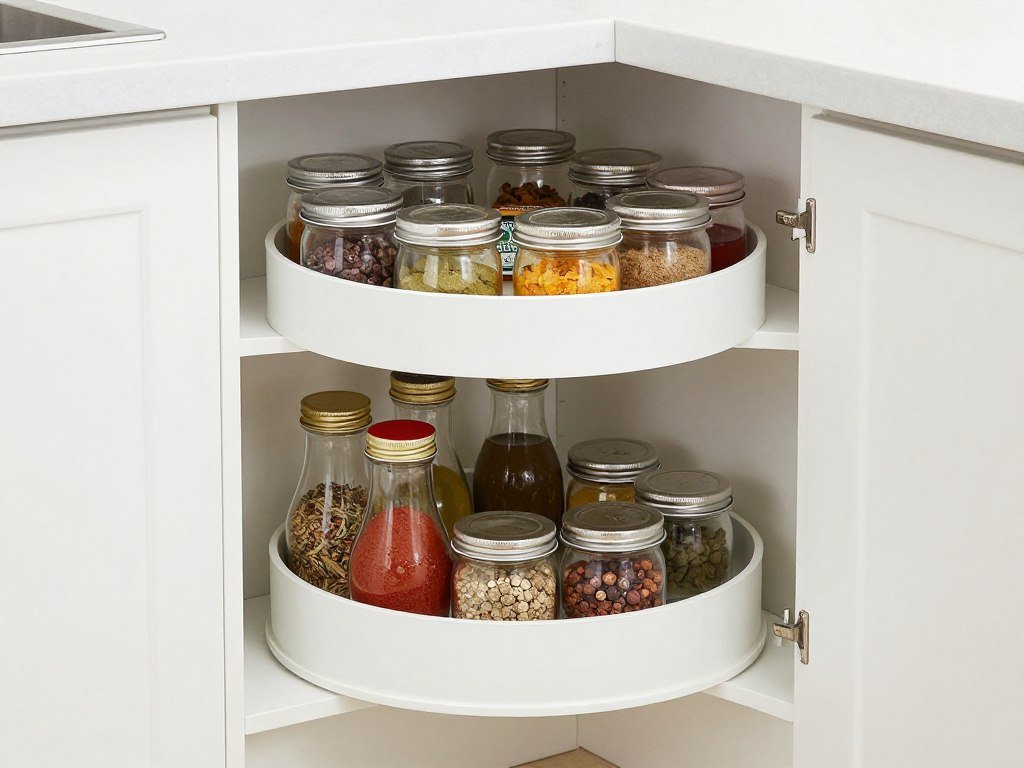 Lazy Susan turntable organizing items in corner kitchen cabinet