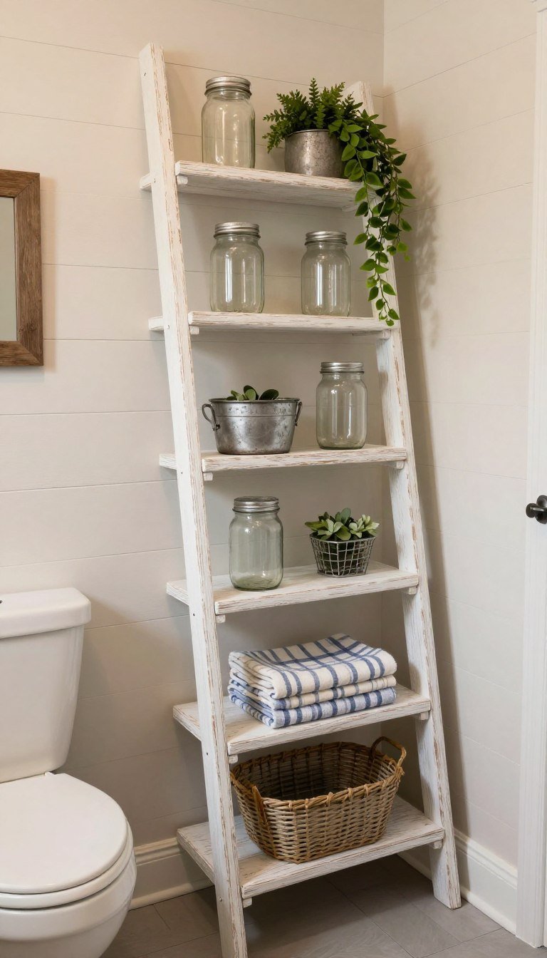 Leaning ladder shelf against bathroom wall above toilet with farmhouse decor