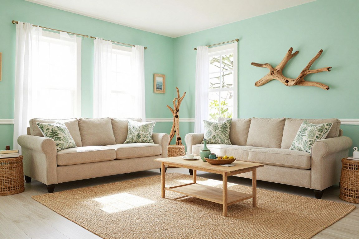 Light green and beige coastal style living room
