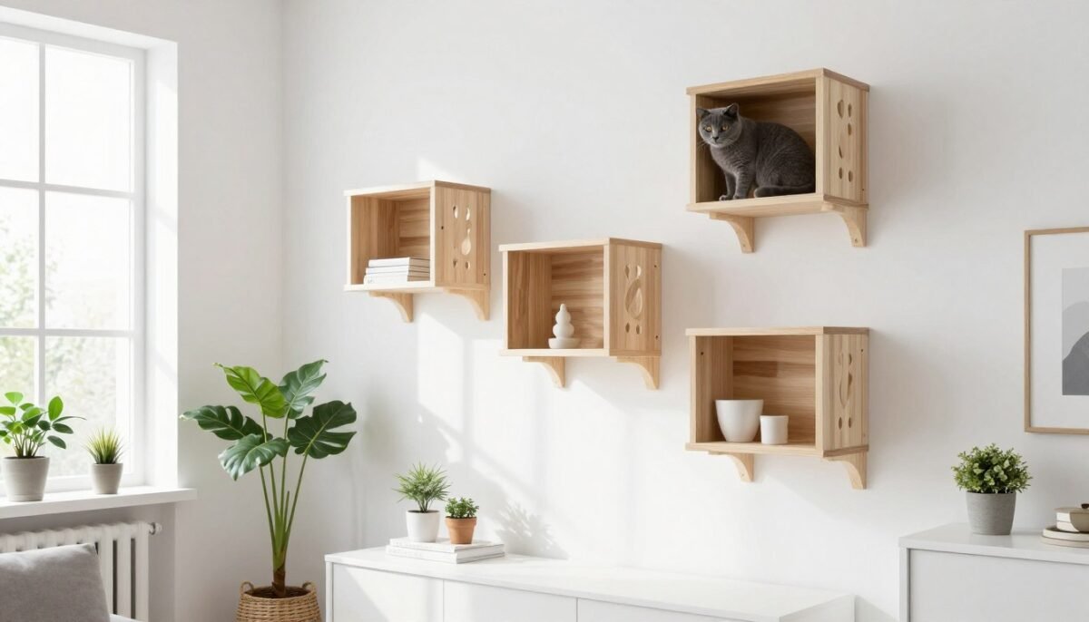 Light wood Scandinavian cat wall shelves in bright white living room Light wood Scandinavian cat wall shelves in bright white living room