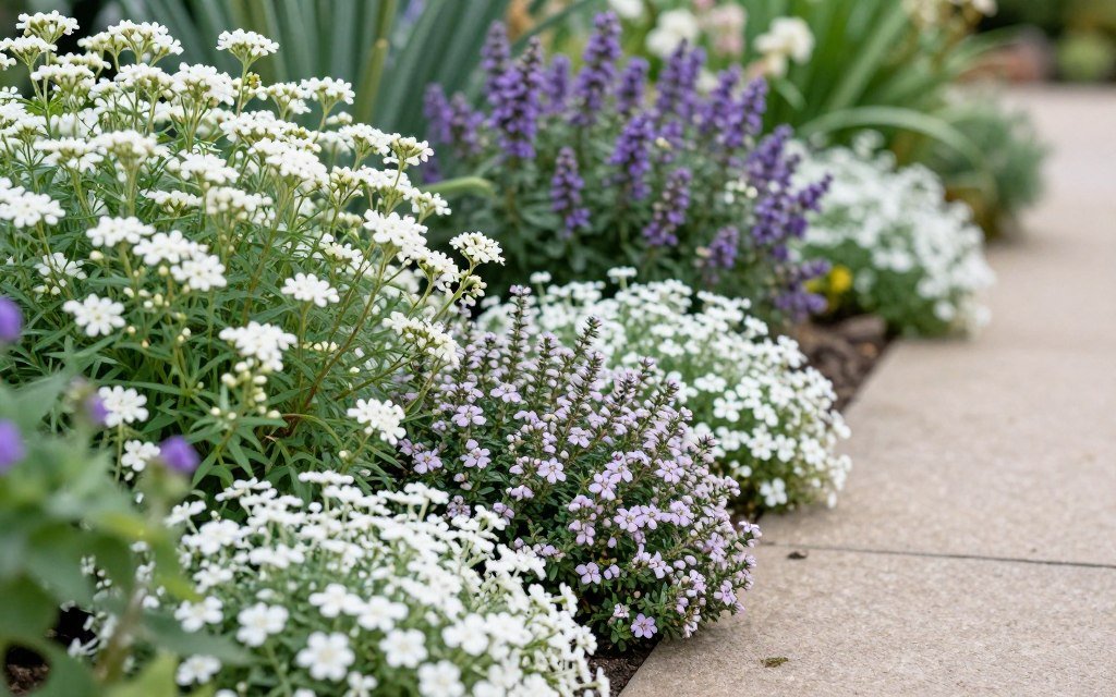 Living plant border along garden pathway