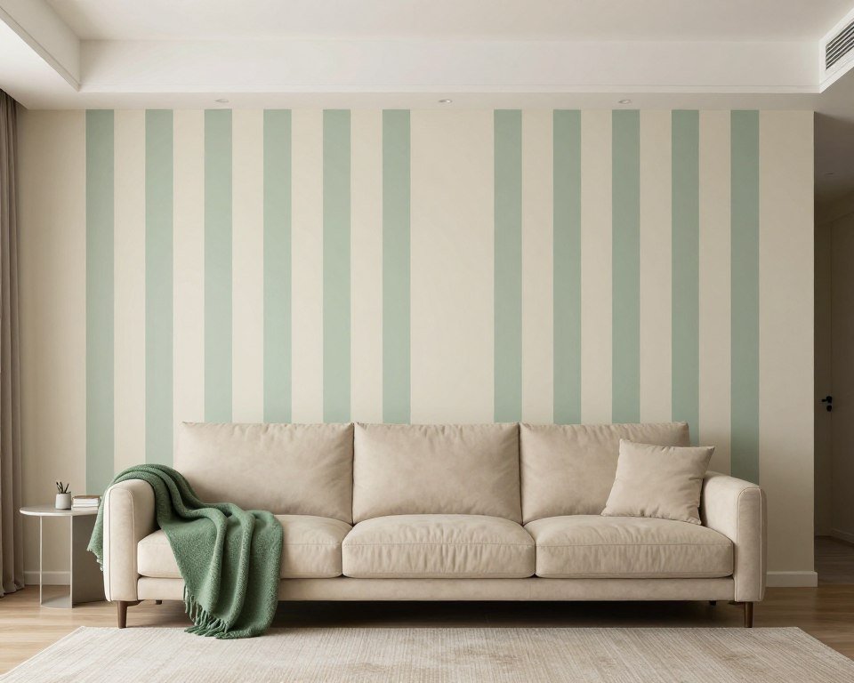 Living room accent wall with beige and green vertical stripes