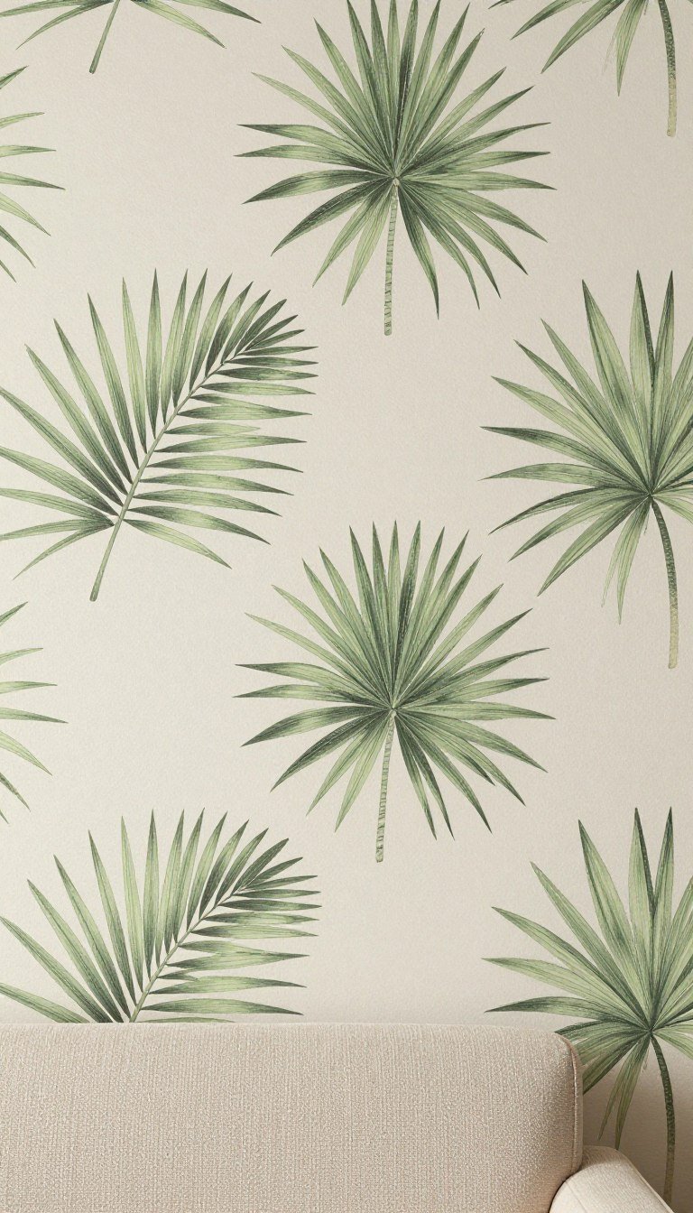 Living room accent wall with green and beige botanical wallpaper
