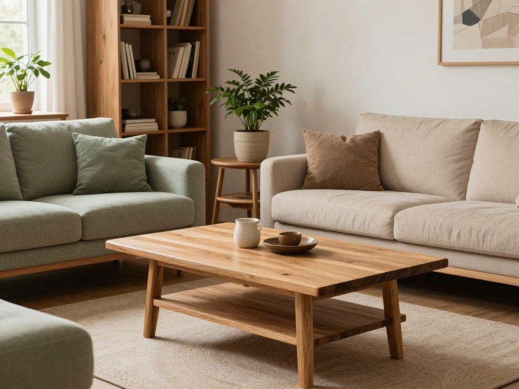Living room with natural wood furniture and green beige color scheme