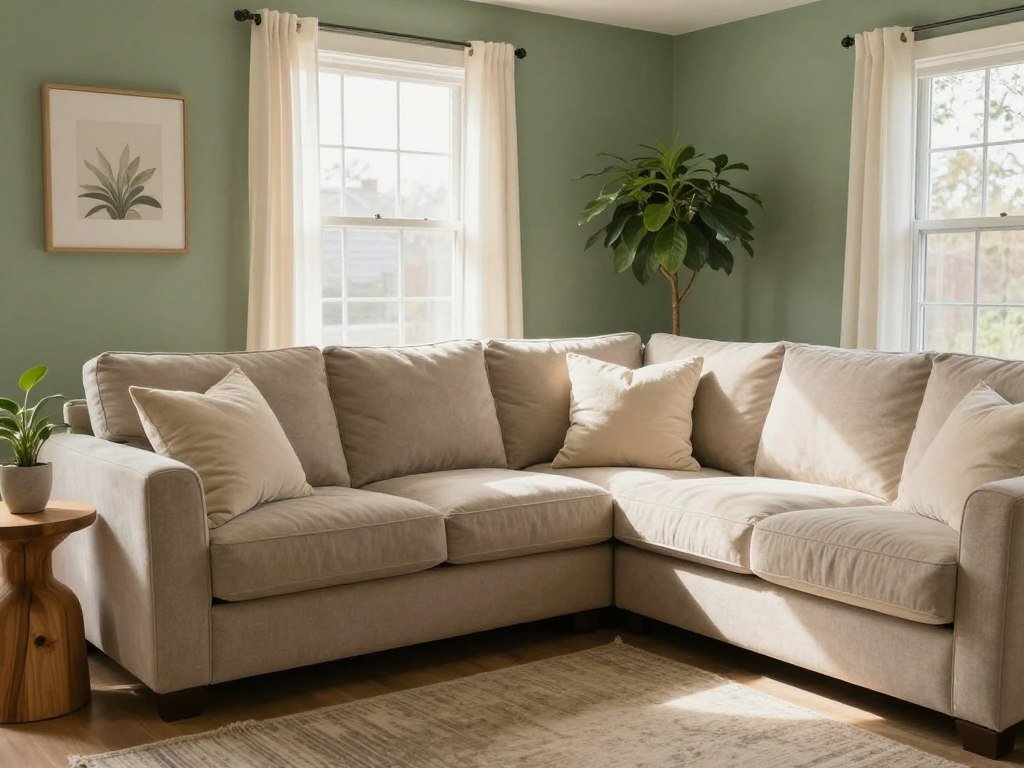 Living room with sage green walls and beige sectional sofa
